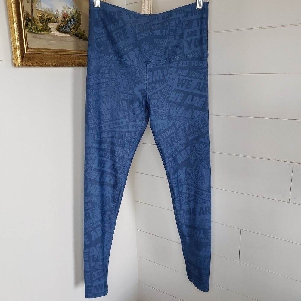 We Are Yoga Blue All Over Spellout Athletic Workout Yoga Leggings Medium